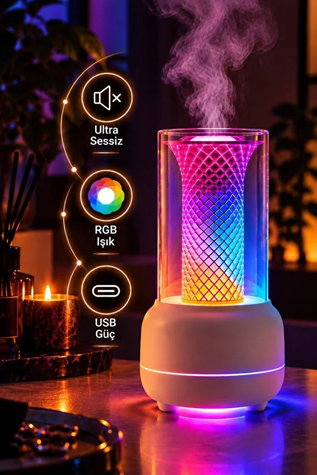 4 Adet Esans Hediyeli Mum Işığı Efektli Aromaterapi Hava Nemlendirici 120 ML RGB LED Gece Lambalı USB Koku Difüzörü